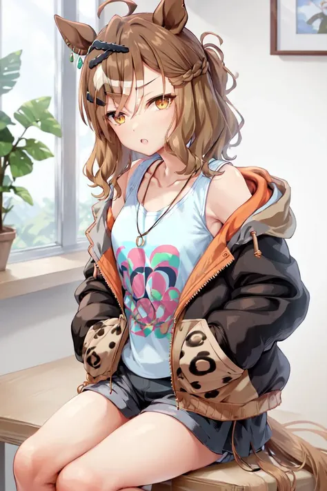 masterpiece, best quality, 
jungle pocket \(umamusume\),
sitting, hands in pockets, 
casual, ear ornament, hairclip, necklace, jewelry, orange hoodie, hooded jacket, hood down, open clothes, open jacket, animal print, sleeveless shirt, white shirt, clothes writing, long sleeves, black shorts, 
<lyco:jungle_pocket_loha:0.7>