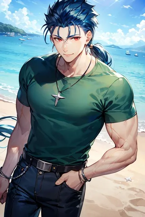 ((masterpiece)), ((best quality)), (ultra-detailed), absurdres, extremely detailed CG unity 8k wallpaper, Official Art, Accurate describe shapes, beautiful face, detailed hands, expressive eyes, upper body, looking at viewer, solo, (realistic), close-up, (standing, arm at side, smile:1.2), (beach, scenery, illustration, dramatic light:1.1) (1boy, mature male, muscualr male, blue hair, long hair, low ponytail, red eyes:1.4), (green shirt, black pants:1.3), cu chulainn \(fate\), ,((masterpiece)), absurdres, HDR, <lora:Cu Chulainn - Lancer - Fate Series:0.7> <lora:epi_noiseoffset2:0.7> <lyco:GoodHands-beta2:1>