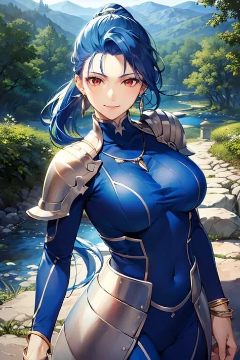 ((masterpiece)), ((best quality)), (ultra-detailed), absurdres, extremely detailed CG unity 8k wallpaper, Official Art, Accurate describe shapes, beautiful face, detailed hands, expressive eyes, upper body, looking at viewer, solo, (realistic), close-up, (standing, arm at side, smile:1.2), (forest, scenery, illustration, dramatic light:1.1), (1girl, mature female, large breasts, blue hair, long hair, low ponytail, red eyes:1.4), (blue bodysuit, bracelet, earrings, jewelry, necklace, shoulder armor:1.3), cu chulainn \(fate\), ,((masterpiece)), absurdres, HDR, genderswap \(mtf\), <lora:Cu Chulainn - Lancer - Fate Series:0.7> <lora:epi_noiseoffset2:0.7> <lyco:GoodHands-beta2:1>