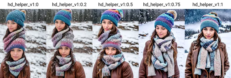 a woman standing in the snow in the mountains, snowing, blizzard, close up of face, handmade faded rainbow beanie, brown leather jacket, wool scarf, taken from below, stars in the sky, nighttime <lyco:hd_helper_v1:0>