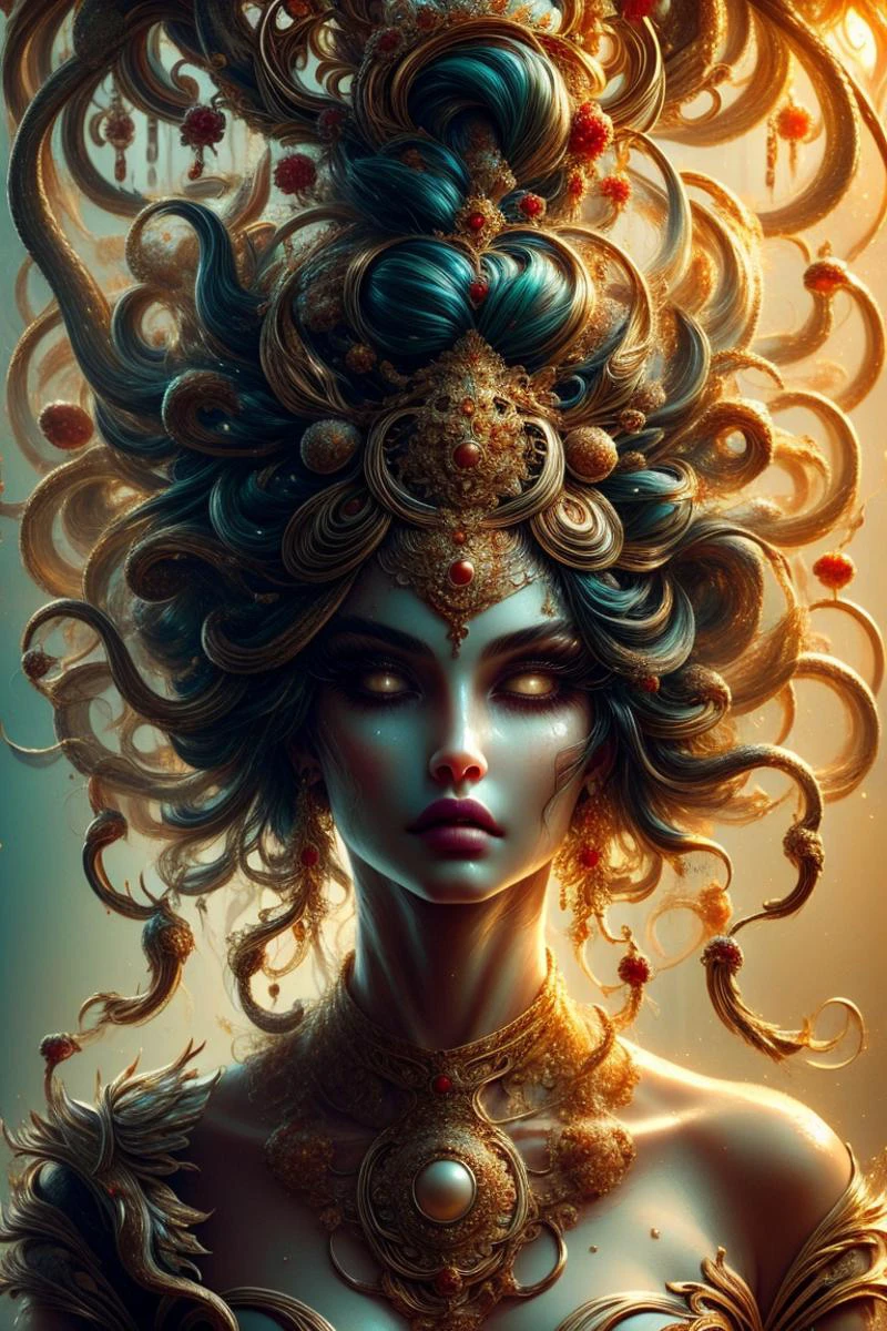 (masterpiece), (dof), 4k, 8k, hdr, stunning details, best quality, sharp_focus, realistic, elegant, (gold_and_red_color_scheme), hyperrealism, real skin, realistic skin texture, skindentation, <lora:R2W_distance:0.8>
halation, bloom, (beautiful reflections), (beautiful refractions), subsurface_scattering, (heat haze), breathtaking, enchanting, ambient occlusion, ray tracing,
(SOLO), a gorgeous indian woman as a beautiful goddess, epitome of beauty, stunning visuals, perfect face, detailed face, perfect body, translucent_iris, detailed and mesmerizing (brown_green eyes:1.0), beautiful eyelashes, arched_eyebrows, waist_long hair down, perfect_collarbones, layered lehenga, gold, red, choli, dupatta shawl, embroidered, pearls, drooping_nose_tip, high nose bridge, wheatish skin tone, indian_bridal_makeup, luxurious jewelry,
<lora:Noshi:1.5> <lora:1dk:0.6> <lora:add_detail:0.8> CR1.3 <lora:Fine art photography style:0.8> Fine art photography style <lora:detailed_backgrounds_v2:0.8> scenery, very aesthetic, EyeDetail, HairDetail, <lora:1727920494216198030:0.8> <dhevv:s-medusa>, medusa <lora:hd_helper_v1:0.7> <lora:add\ImageEnhance:0.8> <lora:light:0.8> neolight <lora:gorgon:0.5> gorgon