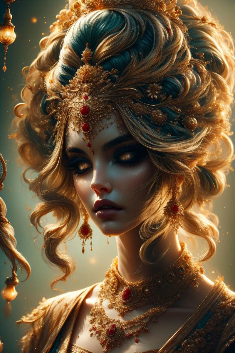(masterpiece), (dof), 4k, 8k, hdr, stunning details, best quality, sharp_focus, realistic, elegant, (gold_and_red_color_scheme), hyperrealism, real skin, realistic skin texture,
halation, bloom, (beautiful reflections), (beautiful refractions), subsurface_scattering, (heat haze), breathtaking, enchanting, ambient occlusion, ray tracing,
(SOLO), a gorgeous indian woman as a beautiful goddess, epitome of beauty, stunning visuals, perfect face, detailed face, perfect body, full body shot, translucent_iris, detailed and mesmerizing (brown_green eyes:1.0), beautiful eyelashes, arched_eyebrows, waist_long hair down, perfect_collarbones, layered lehenga, gold, red, choli, dupatta shawl, embroidered, pearls, drooping_nose_tip, high nose bridge, wheatish skin tone, indian_bridal_makeup, luxurious jewelry,
<lora:Noshi:1.5> <lora:1dk:0.6> <lora:add_detail:0.8> CR1.3 <lora:Fine art photography style:0.8> Fine art photography style <lora:detailed_backgrounds_v2:0.8> scenery, masterpiece, best quality, very aesthetic, EyeDetail, HairDetail, <lora:1727920494216198030:0.8> <dhevv:s-medusa>, medusa <lora:hd_helper_v1:0.8> <lora:add\ImageEnhance:0.8> <lora:light:0.8> neolight