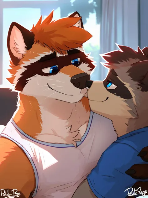 score_9, score_8_up, score_7_up, by pache-riggs, (high quality, hires), duo focus, anthro, male, raccoon and fox, tshirt, (detailed eyes, blue eyes), seductive, bedroom eyes, passionate, couple, kiss, size difference, <lora:pache_riggs:0.8>, easynegative