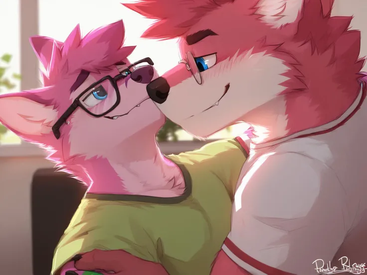 score_9, score_8_up, score_7_up, by pache-riggs, (high quality, hires), duo focus, anthro, male, fox, tshirt, (detailed eyes, blue eyes, pink body), glasses, seductive, bedroom eyes, passionate, couple, after kiss, panting, size difference, <lora:pache_riggs:0.8>,