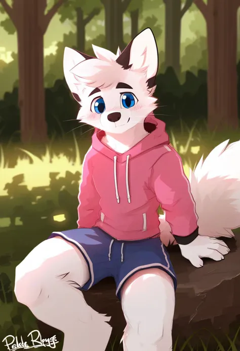 score_9, score_8_up,  score_7_up, source_furry, rating_safe, by pache-riggs,
anthro, solo, fox, pink and white fur, blue eyes, cute expression, blush, looking at viewer, 
sweatshirt, shorts, sitting on rock, forest background, sunny,
<lora:pache4:1>