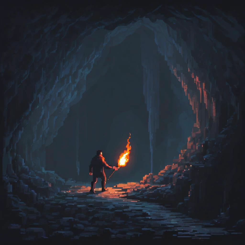 A man walking out of a dark cave with a torch, realistic, pixel art, <lora:pixelbuildings128-v1:1>