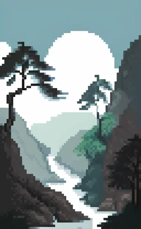 a chinese acient painting about landscape, (flat shading:1.2), (minimalist:1.3), <lora:pixelbuildings128-v2:1.2>,