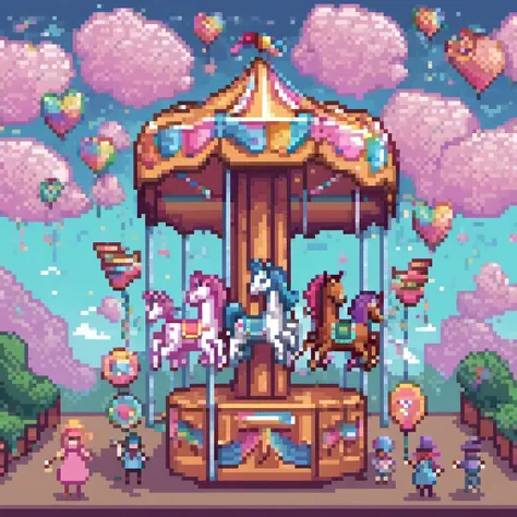 <lora:pixelbuildings128-v1:1> stunning award-winning pixel art, trending on pixilart, "Phantasmagoric Fte" - A surreal pixel art carnival where carousel horses sprout wings, cotton candy clouds carry dreamers, and mirror mazes distort reality, creating a whimsical and immersive wonderland.