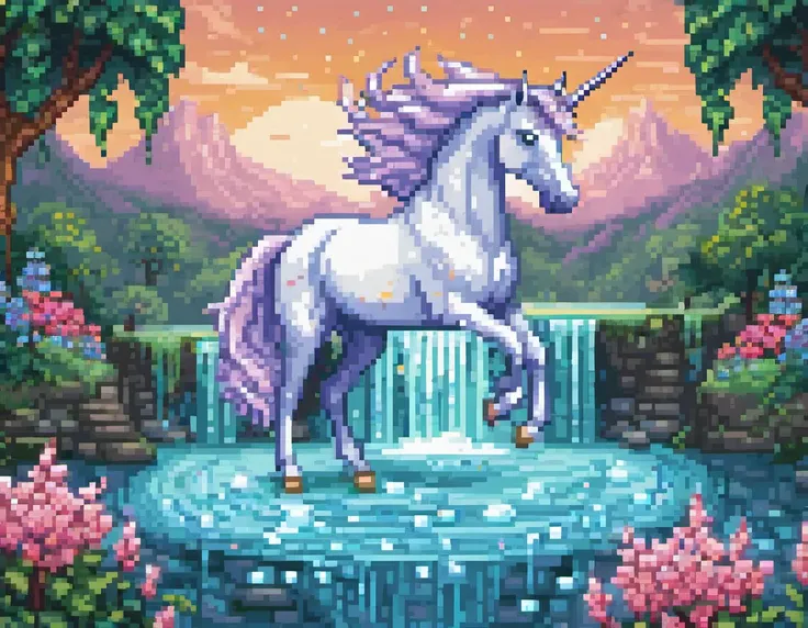 <lora:pixelbuildings128-v1:1> Mesmerising Unicorn, Cascading down crystal waterfalls, a unicorn catches droplets on its pearlescent coat, turning them into precious gemstones that adorn its path., stunning award-winning pixel art, trending on pixilart