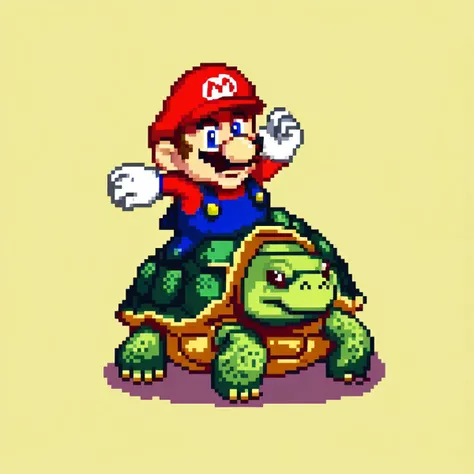 Super Mario stepped on a turtle, yellow background, (flat shading:1.2), (minimalist:1.4), <lora:pixelbuildings128-v2:1>