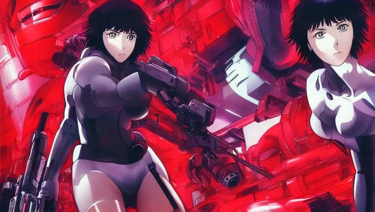 Anime art of ghost in the Shell, ultra detailed scene, red, perfect face, intricately detailed photorealism, trending on artstation, neon lights, rainy day, ray-traced environment, vintage 90's anime artwork.