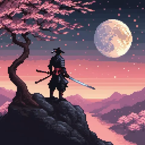 <lora:pixelbuildings128-v1:1> pixel art, In a breathtaking depiction, a lone samurai stands atop a moonlit cliff, silhouetted against the ethereal glow. His gleaming katana reflects the stars, and cherry blossoms dance gracefully in the wind, trending on pixilart
