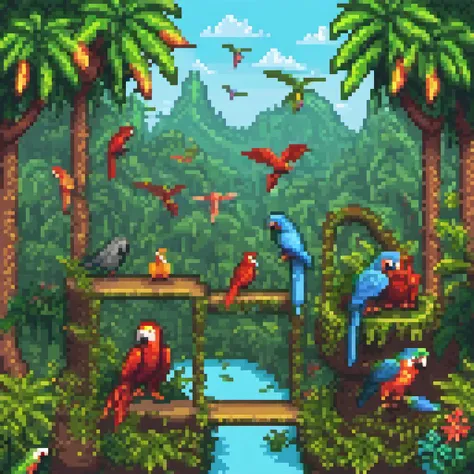 <lora:pixelbuildings128-v1:1> stunning award-winning pixel art, trending on pixilart, "Jungle Jamboree" - A lively, animated pixel art scene set in the heart of the jungle, featuring frolicking animals, swaying foliage, and vibrant parrots singing in harmony.