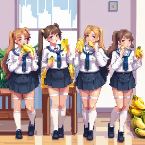 minimalistic, flat shading, a group photo of cute pale school-girls with large tits and thick thighs dressed in their school clothes eating bananas, detailed god rays, perfect hands,
<lora:pixelbuildings128-v2:1.5>,