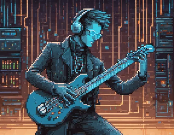 <lora:pixelbuildings128-v1:1> Cybernetic Sonata, A futuristic depiction of a cybernetic musician performing a symphony of digital sounds, merging technology and artistry in a captivating way., stunning award-winning pixel art, trending on pixilart