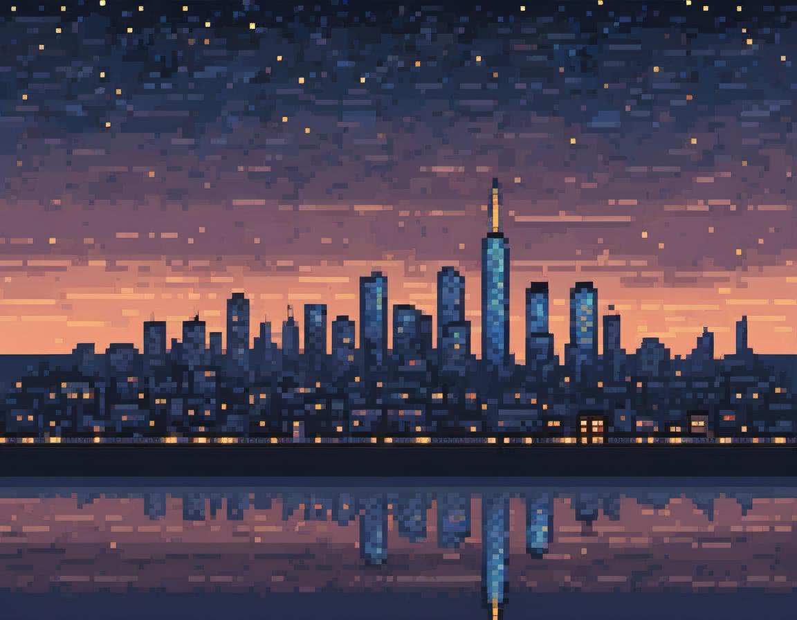 A close up of a city skyline with a lake in front of it - SeaArt AI