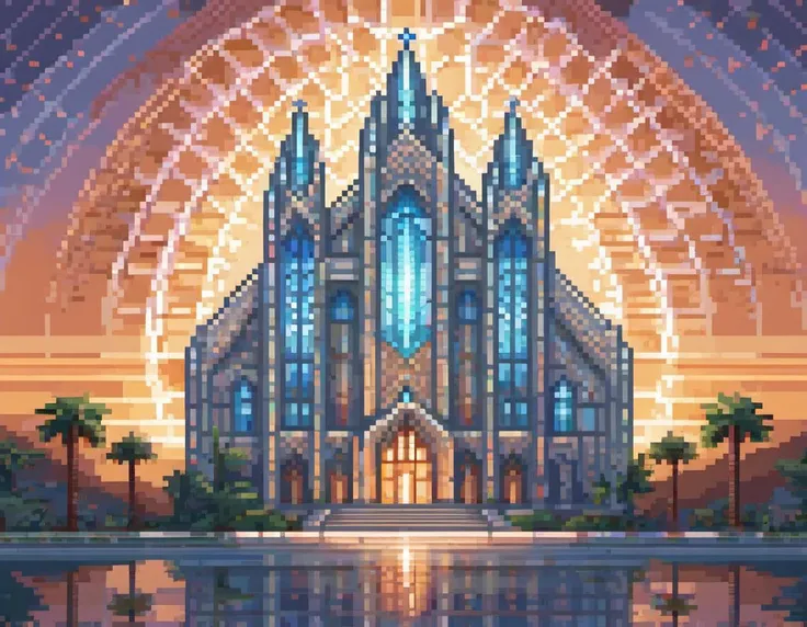 <lora:pixelbuildings128-v1:1> Crystal Cathedral, A crystalline cathedral rising from the heart of a mystical desert, reflecting sunlight in dazzling patterns, exuding an aura of spirituality., stunning award-winning pixel art, trending on pixilart