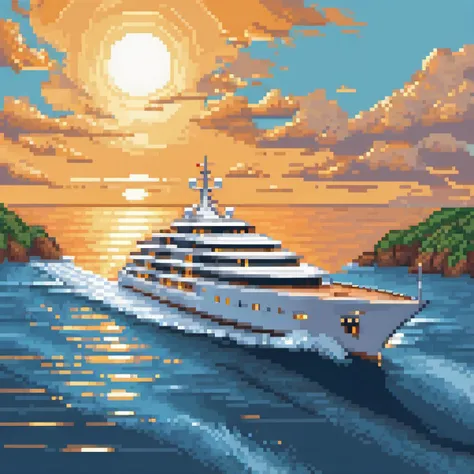 <lora:pixelbuildings128-v1:1> pixel art, A mesmerizing drawing of a sleek, opulent yacht gracefully gliding through cerulean waves, adorned with glistening chrome accents, billowing sails catching the golden sunset, and a luxurious deck hosting jubilant passengers basking in splendor