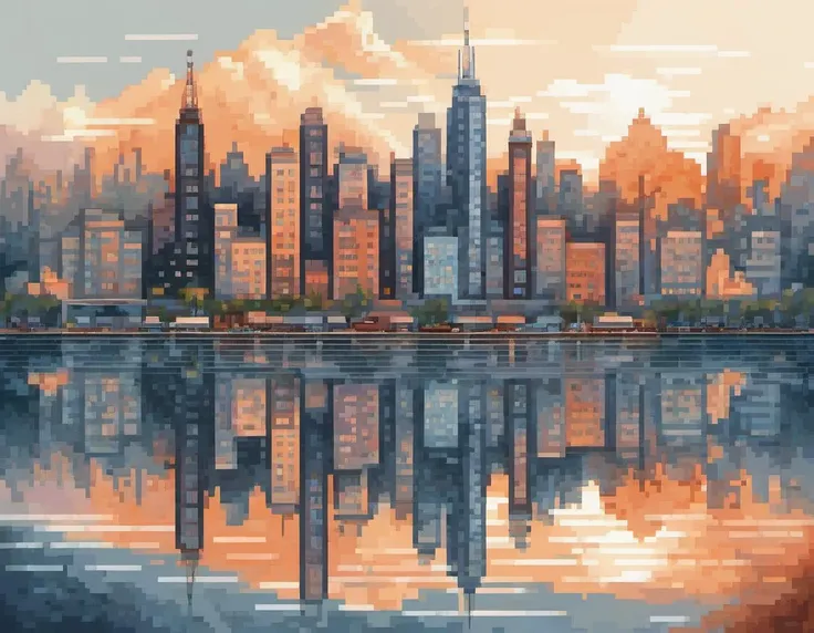 <lora:pixelbuildings128-v1:1> City of Reflections, A mesmerizing watercolor depiction of a city reflected in a still body of water, blurring the line between reality and its mirrored counterpart., stunning award-winning pixel art, trending on pixilart
