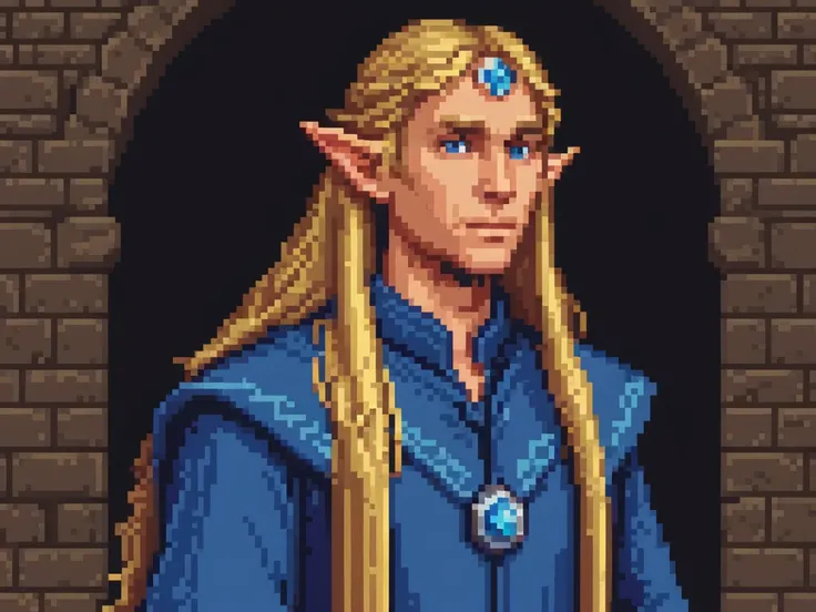 pixel art of a elf man with long blonde hair, a young wizard wearing blue robes, cinematic film still, from Dungeons & Dragons <lora:pixelbuildings128-v2:0.8>