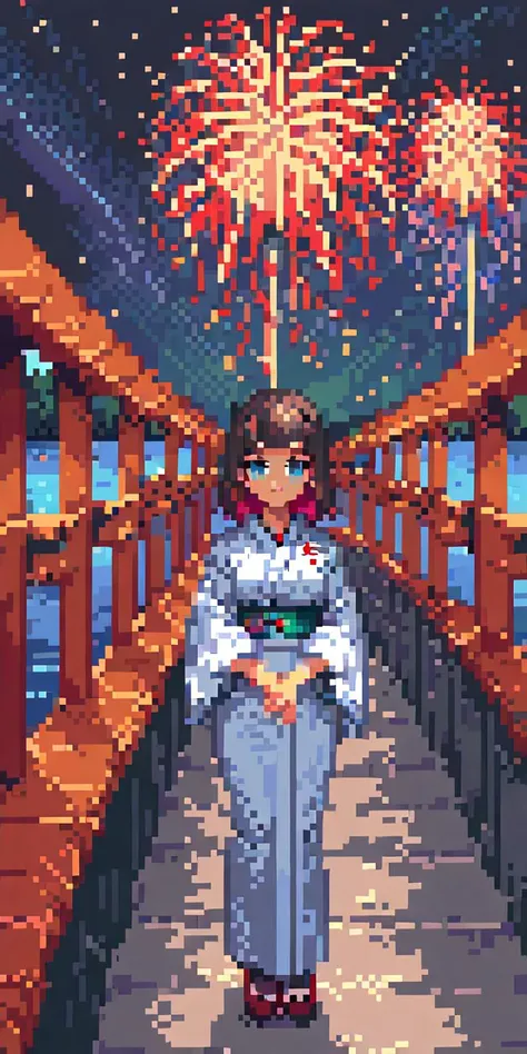 pixel art, (masterpiece, best quality:1.2), 1girl, cowboy shot, yukata, blue eyes, black long straight hair, blunt bangs, colored inner hair, perspective, vanishing point, scenery, HDR, chromatic aberration, colorful refraction, depth of field, starry sky, milky way, night, fireworks, spider lily, on the bridge, river, torii <lora:pixelbuildings128-v2:0.9>