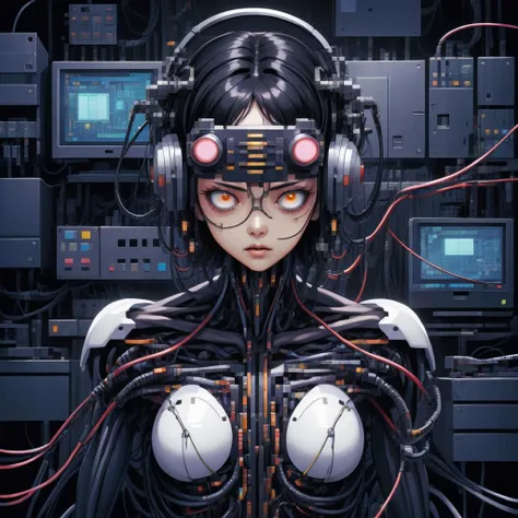 wires taking over, cyberpunk style, soft focus, Graphic novel, Grindhouse, , vignette, highly, dynamic angle, best quality, black suit, cyborg, cybernetics, detailed eyes, net runner, circuity, plug suit, corruption, face covered in electronics, infection, swirls, cyborg, <lora:cyborg_style_xl:1>, body horror, , goggles, cyborg, junji ito style,horror,manga,Writing, Tech Sleek, Reprojection Techniques, RE Engine, Symbolist, Chromogenic Prints, (anime style:1.5), High-Speed Photography,cyberpunk, thousands of cables strangling a extremely tired exhausted fatigued with (dark circles:1.3) under the eyes, <lora:pixelbuildings128-v1:1>, pixel art