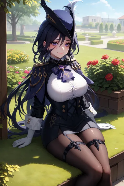 1girl, solo, clorinde,
sitting,
long hair, hair between eyes, purple eyes, long eyelashes, thick eyelashes, smile, closed mouth,
large breasts,
hat, skirt, thigh strap, white shirt, gloves, white gloves, pantyhose, long sleeves, shirt,
garden,
<lora:clorinde:1>