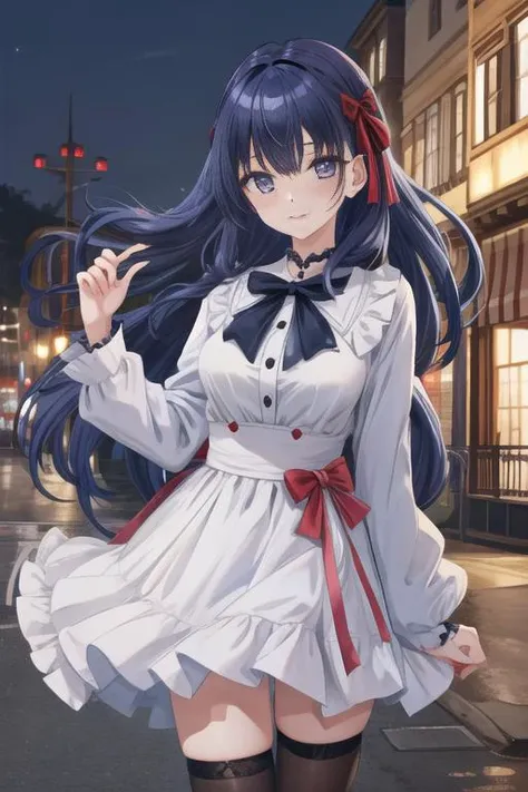 masterpiece, best quality, absurdres, perfect antomy, perfect hands, perfect fingers, matou sakura, 1girl, solo, long hair, exquisite detailed eyes,((blue navy color hair)), bangs, side lock hair ribbon, red ribbon, breasts, standing, cowboy shot, smile, blush, outdoors, <lora:MatouSakuraLORA:0.8>, <lora:jirai_v2:1>, black and white jirai fashion, <lora:more_details:0.3>, <lora:torino_aqua_offset:0.5>, kuromi, sanrio