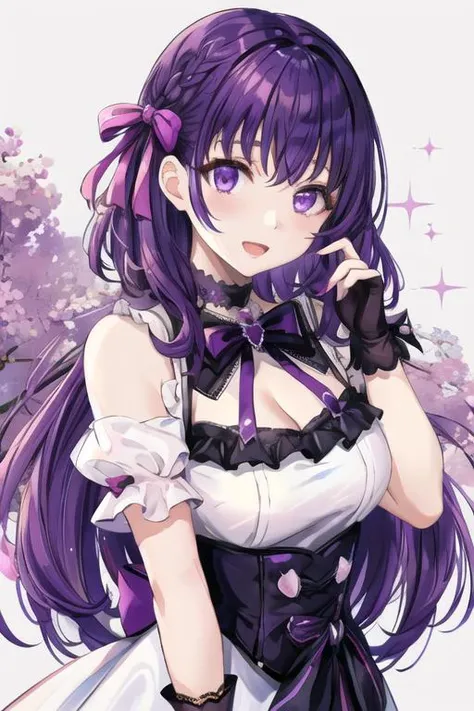 ((masterpiece:1.4, best quality))+, (ultra detailed)+,absurdres,highres, 1girl, breasts, choker, cleavage, dress, elbow_gloves, gloves, hair_ribbon, hand_up, index_finger_raised, long_hair, looking_at_viewer, open_mouth, puffy_short_sleeves, puffy_sleeves, purple_eyes, purple_hair, red_ribbon, ribbon, short_sleeves, smile, solo, sparkle, upper_body, white_choker, white_dress, white_gloves, , <lora:more_details:0.3> , <lora:MatouSakuraLORA:0.8>, matou sakura, <lora:torino_aqua_offset:0.5>, <lora:jirai_v2:0.9>, jirai fashion