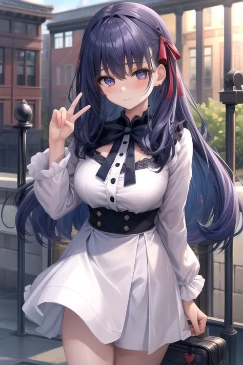 masterpiece, best quality, absurdres, perfect antomy, perfect hands, perfect fingers, matou sakura, 1girl, solo, long hair, exquisite detailed eyes,((blue navy color hair)), bangs, side lock hair ribbon, red ribbon, breasts, standing, cowboy shot, smile, blush, outdoors, <lora:MatouSakuraLORA:0.8>, <lora:jirai_v2:1>, black and white jirai fashion, <lora:more_details:0.3>, <lora:torino_aqua_offset:0.5>, kuromi, sanrio