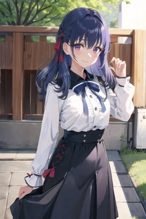 masterpiece, best quality, absurdres, perfect antomy, matou sakura, 1girl, solo, long hair, ((blue navy color hair)),  bangs, side lock hair ribbon, red ribbon, breasts, standing, cowboy shot, smile, blush, outdoors,  <lora:MatouSakuraLORA:0.8>,   <lora:jirai_v2:1>,  black and white jirai fashion