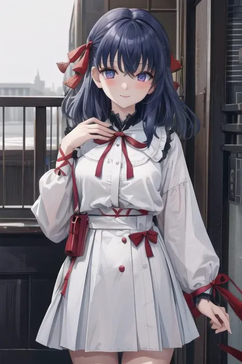 masterpiece, best quality, 4K, professional picture composition, cinematic soft lighting, absurdres, perfect antomy, perfect girl hands, perfect fingers, matou sakura, 1girl, solo, ((long hair)), exquisite detailed eyes,((blue navy color hair)), bangs, (((side lock hair ribbon, red ribbon))), breasts, standing, cowboy shot, smile, blush, outdoors, <lora:MatouSakuraLORA:0.8>, <lora:jirai_v2:1>, ((black and white jirai fashion)), <lora:more_details:0.3>, <lora:hipoly_3dcg_v7-epoch:0.2>, <lora:torino_aqua_offset:0.3>