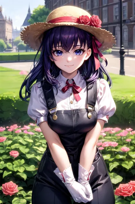 (masterpiece, best quality, detailed), 1girl, solo, looking at viewer, SakuraMatou, long hair, hair ribbon,
overalls, short sleeves, white gloves, cabbie hat, red shirt, town, building, flower, victorian, rose, outdoors, london, <lora:breasts_squeezed_together_v0.2:1> (breasts squeezed together, v arms), smile, closed mouth, smug