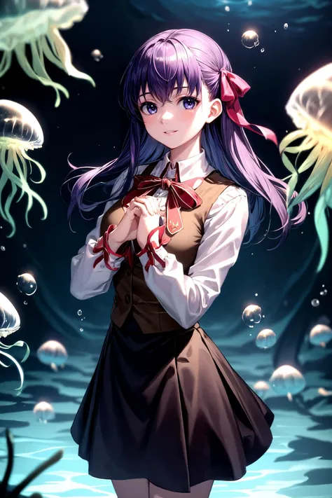 (masterpiece, best quality, detailed), 1girl, solo, looking at viewer, SakuraSchool, long hair, hair ribbon, homurahara academy school uniform, black skirt, indoors, aquarium, fish, bubble, (jellyfish),
smile, parted lips, own hands together, own hands clasped, red theme