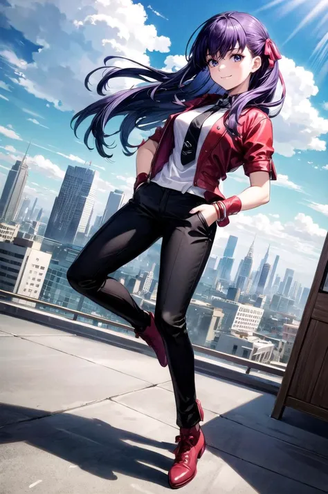 (masterpiece, best quality, detailed), 1girl, solo, looking at viewer, SakuraMatou, long hair, hair ribbon,
short sleeves, black pants, black necktie, red shirt, red gloves, jacket on shoulders, black jacket, outdoors, rooftop, day, cityscape, blue sky, cloud, scenery, railing, hands in pockets, smile, closed mouth, smug