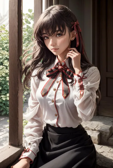 SakuraMatou, long hair, hair ribbon<lora:СакÑÑа ÐаÑой Fate(SakuraMatou,long hair,hair ribbon,Purple eyes, big breasts (Ñм 6 одежд):1.2> SakuraSchool, long hair, hair ribbon, homurahara academy school uniform, black skirt, 1girl in full growth, best quality, masterpiece, ultra-detailed, high quality, perfect nose, highly detailed skin, warm skin tone, defiance512, RAW photo, best quality, high resolution, (masterpiece), dreamlike, dreamy, modelshoot style, analog style, tonemapping, photorealistic, professional photography, sharp focus, HDR, 8K resolution, intricate detail, sophisticated detail, hyper detailed, (depth of field), highlight and shadow, volumetric lighting, cinematic bloom, professional light, looking at viewer, blotchy,