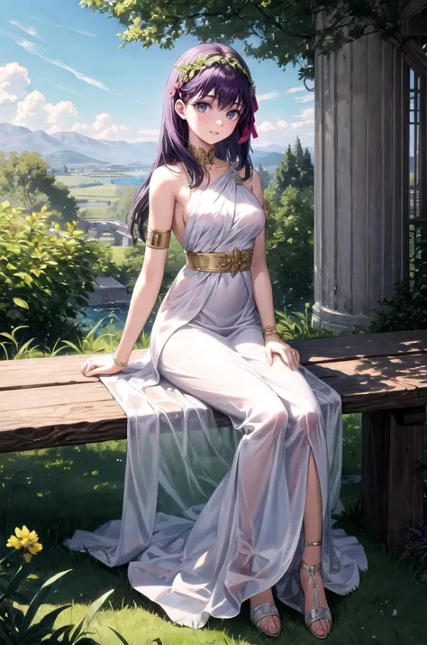 (masterpiece, best quality, detailed), 1girl, solo, looking at viewer, SakuraMatou, long hair, hair ribbon,
<lora:GreekClothes:1>, greek clothes, peplos, laurel crown, armlet, see-through, arch, pillar, column, architecture, overgrown, vines, blue sky, wedding, sitting on bench, on bench, bench, sitting, full body, smile, parted lips
