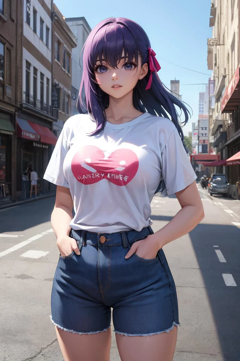 masterpiece, best quality, absurdres, SakuraMatou, long hair, hair ribbon, t-shirt, denim shorts, standing, outdoors, city, hands in pockets, <lora:SakuraMatouV2:1>