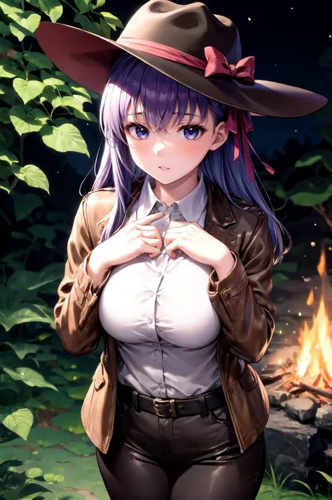 (masterpiece, best quality, detailed), 1girl, solo, looking at viewer, SakuraMatou, long hair, hair ribbon,
fedora, brown headwear, brown pants, black belt, cowboy hat, brown jacket, leather jacket, indiana jones, white shirt, satchel, (campfire), night, nature, night sky, forest, full body, <lora:breasts_squeezed_together_v0.2:1> breasts squeezed together, hands on own chest, parted lips, blush