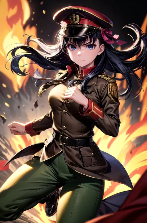 (masterpiece, best quality, detailed), 1girl, solo, looking at viewer, SakuraMatou, long hair, hair ribbon,
military uniform, military, soldier, belt, green pants, military hat, brown jacket, world war ii, war, military vehicle, battlefield, battle, dust, smoke, burning, fire, red sky, explosion, fighting stance, clenched hands, legs apart, serious, closed mouth, v-shaped eyebrows, glaring