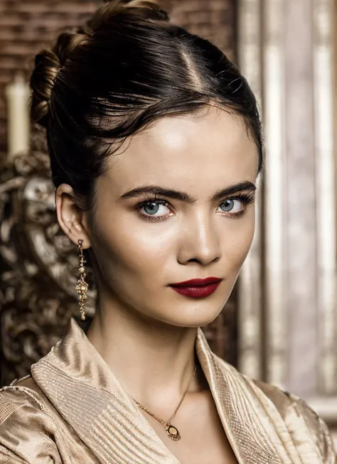 medium portrait close up of a Beautiful sks woman, (messy bun), sitting on a wooden chair, wearing a fancy Victorian era dress, seductively posing, medium breasts, pale skin, dark red lips, dark eye shadow, ornate pendant, sitting in front of a large stone fireplace, candle burning, in a luxurious fantasy castle, side lighting, cinematic, Renaissance style, (Fujifilm XT3:1.1), (high detailed face:1.3), perfect hands, <lora:locon_freyaallan_v1_from_v1_64_32:1.25>