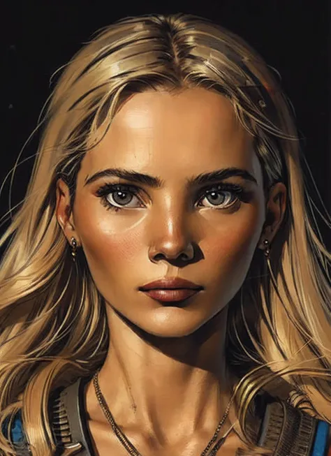 Representing black and white movies, ((1920s beauty)), caucasian, long blond hair, (((A wealthy woman's 1920s suit))), headshot, upright posture, slightly exposed bust, (((Margot Robbie))), Oil Portrait Coloring, Black wallpaper