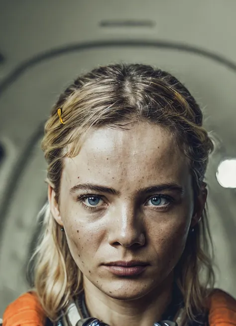 close up photo of sks woman, rugged space trucker, inside industrial spaceship, futuristic science fiction, action scene, digital concept art, realistic, intricate detailed textures, filmic, cinematic, environmental character portrait, <lora:locon_freyaallan_v1_from_v1_64_32:1.25>