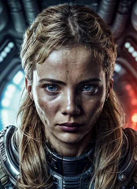 close up photo of sks woman, rugged space trucker, inside industrial spaceship, futuristic science fiction, action scene, digital concept art, realistic, intricate detailed textures, filmic, cinematic, environmental character portrait, <lora:locon_freyaallan_v1_from_v1_64_32:1.25>