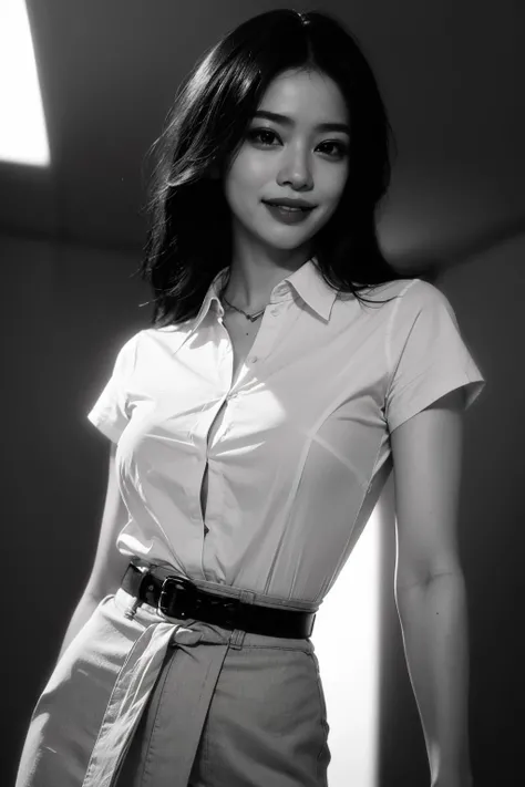 best quality, masterpiece, (photorealistic:1.4), 1girl, light smile, shirt with collars, waist up, dramatic lighting, from below <lora:tangbohu_blurbg:3> <lora:blackandwhite:0.7>
