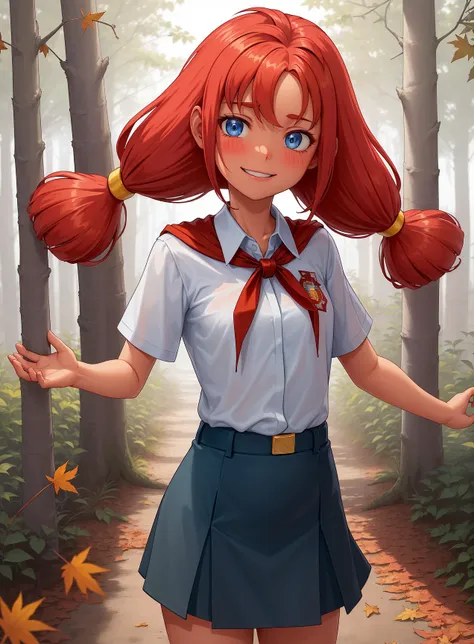 (Masterpiece, Best Quality, Highres :1.2), volumetric lighting, moody lighting, fine detail, perfect face, 1Girl,us,blue eyes, low twintails, red hair, small breasts, <lora:UlyanaLoraV1:0.75>, (school uniform), swhite button shirt, red scarf, running, outside forest, birch trees, thick foliage, autumn, falling leaves, floating leaves, smiling, happy, blushing, clenched fists, dutch angle, vanishing point