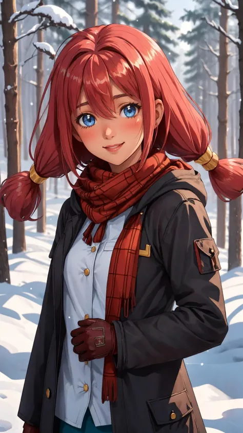 (best quality, masterpiece, colorful, highest detailed) upperbody shot, <lora:UlyanaLoraV1:0.7>, us, blue eyes, low twintails, red hair, small breasts, 1girl, solo, bangs, hair between eyes, short hair, short height, bokeh, (official art), winter, show, snowing, forest, fantasy, night, looking at viewer, smile, blush, HDR, RTX, warm gloves, parka, scarf, cute, atmospheric, highly detailed background, perfect lightingbest quality, outdoors, winter clothes, closed mouth, pink lips,