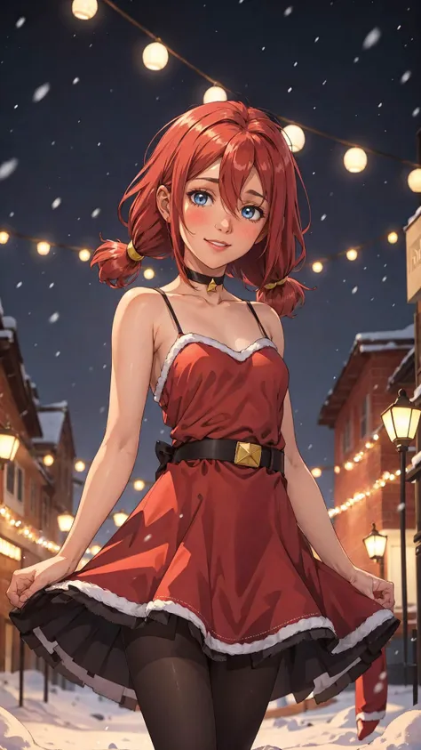 masterpiece, best quality, <lora:UlyanaLoraV1:0.7>, us, blue eyes, low twintails, red hair, small breasts, 1girl, solo, bangs, hair between eyes, short hair, ((red santa dress, sleeveless, black pantyhose)), red choker, warm light, rtx, hdr, pink lips, cute, black eyes makeup, light smile, shy, blush, outside, stars, atmospheric, portrait, bokeh, amazing background, snowing, christmas lights, christmas , winther, snow,