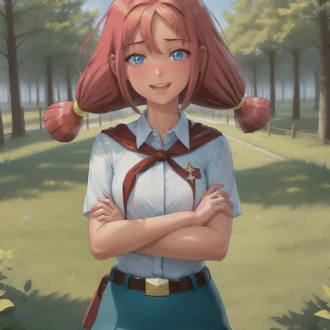 (us:1.1), one girl, blue eyes, solo, twintails, smile, open mouth, upper teeth only, skirt, looking at viewer, embarassed, blush, breast pocket, shirt, belt, outdoors, tree, blush, short sleeves, collared shirt, blue skirt, white shirt, red neckerchief, grass, short twintails, nature, forest, cowboy shot, pink hair, bangs, crossed arms, clear colors, bright colors, bright picture
<lora:UlyanaLoraV1:1>