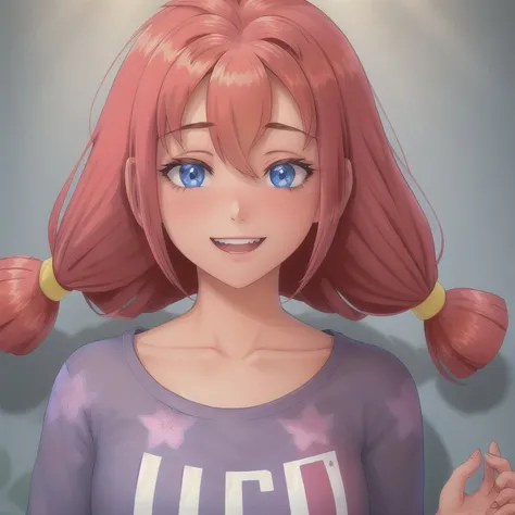 us, 1girl, blue eyes, solo, twintails, smile, open mouth, embarrassed, upper teeth only, cowboy shot, redhair, long hair, red t-shirt, shirtlift, faded, hdr, intricate scene, artstation hyperdetailed, original, extremely, dappled sunlight, original, beautiful detailed eyes and face, masterpiece, best quality , colorful background <lora:UlyanaLoraV1:1>